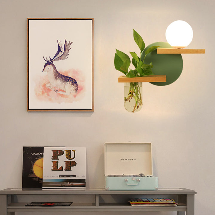 Applique murale 1 lumière en verre, bois et fer avec vase rond orbe de simplicité moderne pour salon 
