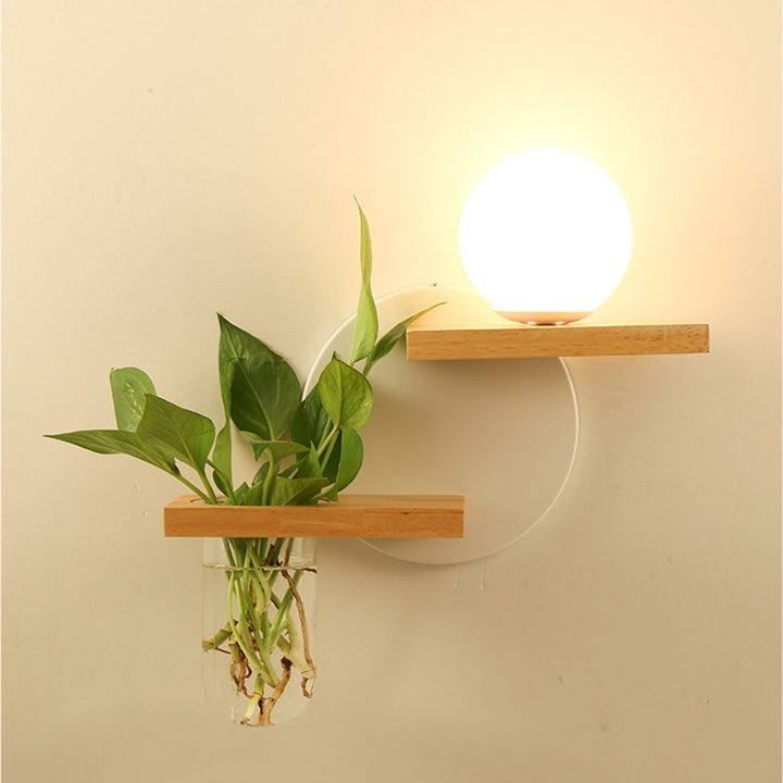 Applique murale 1 lumière en verre, bois et fer avec vase rond orbe de simplicité moderne pour salon 