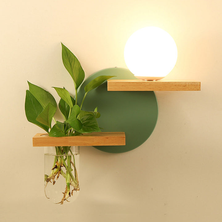 Applique murale 1 lumière en verre, bois et fer avec vase rond orbe de simplicité moderne pour salon 