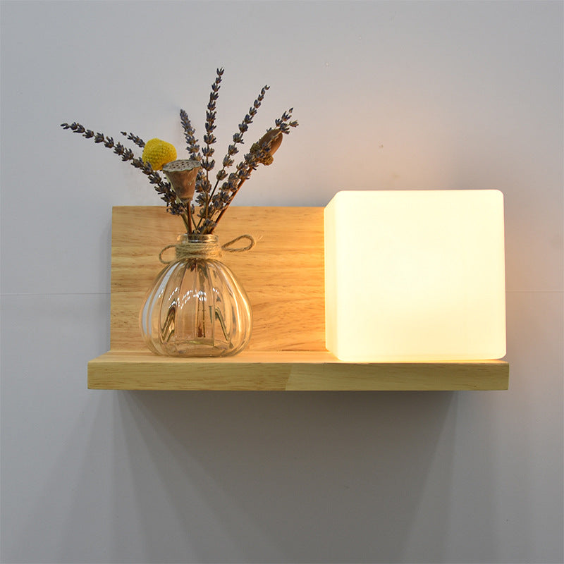 Lámpara de Aplique de Pared de 1 Luz de Madera con Pantalla de Vidrio Rectangular Retorcida Cuadrada Creativa Contemporánea para Dormitorio 