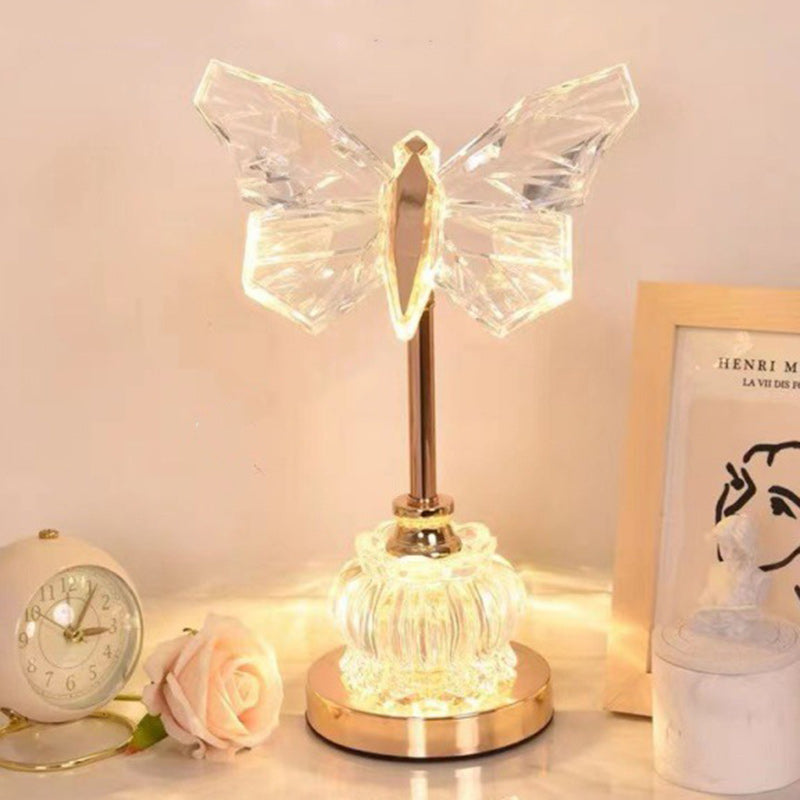 Modern Art Deco Pod Butterfly Hardware Glass Base Acrylic Shade LED Table Lamp For Bedroom