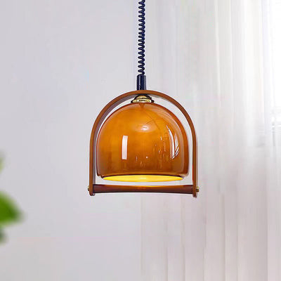 Contemporary Retro Stretchable Round Arch Solid Wood Frame Glass Shade 1-Light Pendant Light For Living Room