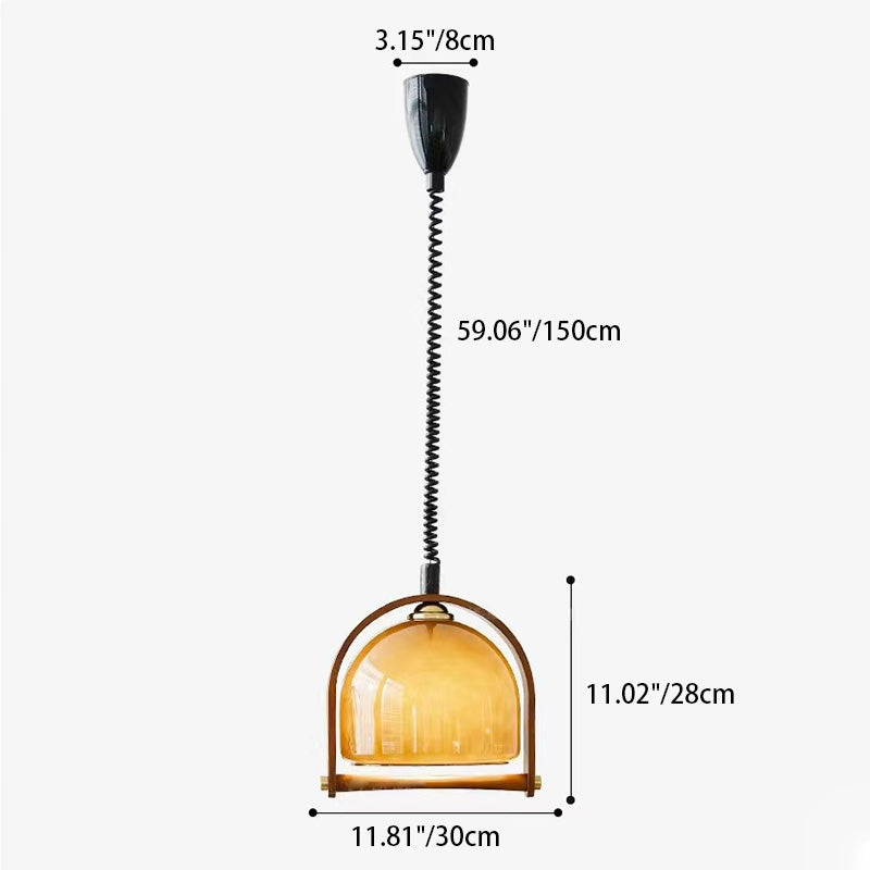 Contemporary Retro Stretchable Round Arch Solid Wood Frame Glass Shade 1-Light Pendant Light For Living Room