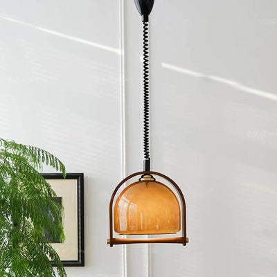 Contemporary Retro Stretchable Round Arch Solid Wood Frame Glass Shade 1-Light Pendant Light For Living Room