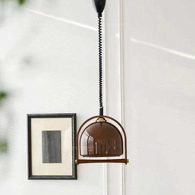 Contemporary Retro Stretchable Round Arch Solid Wood Frame Glass Shade 1-Light Pendant Light For Living Room