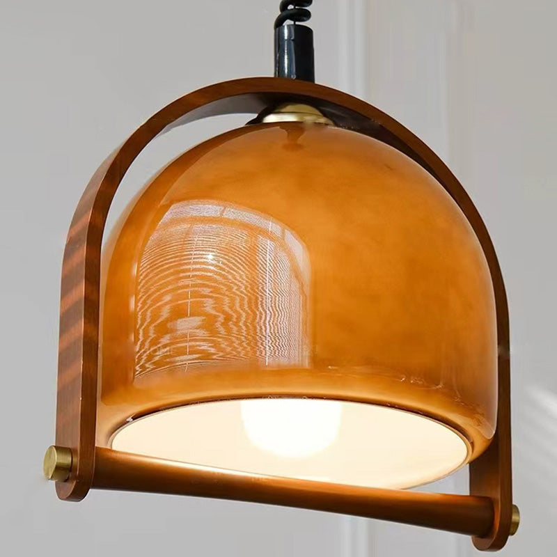 Contemporary Retro Stretchable Round Arch Solid Wood Frame Glass Shade 1-Light Pendant Light For Living Room
