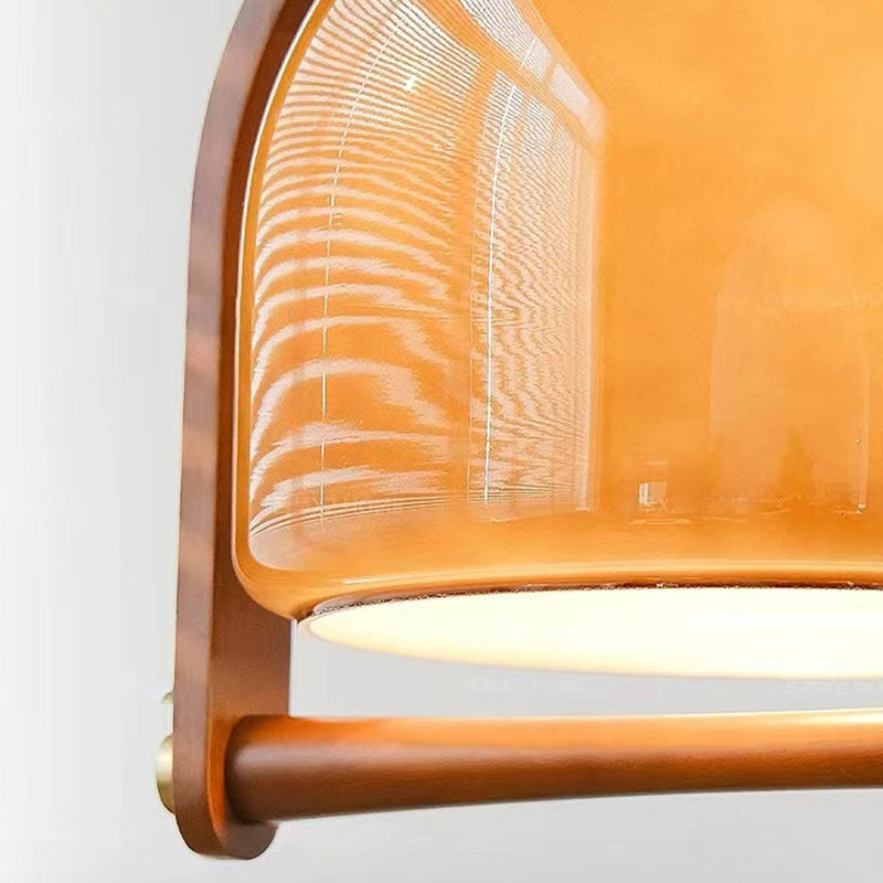 Contemporary Retro Stretchable Round Arch Solid Wood Frame Glass Shade 1-Light Pendant Light For Living Room