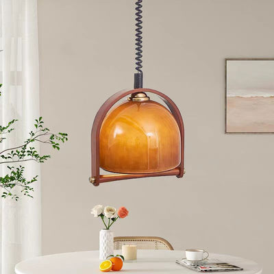 Contemporary Retro Stretchable Round Arch Solid Wood Frame Glass Shade 1-Light Pendant Light For Living Room