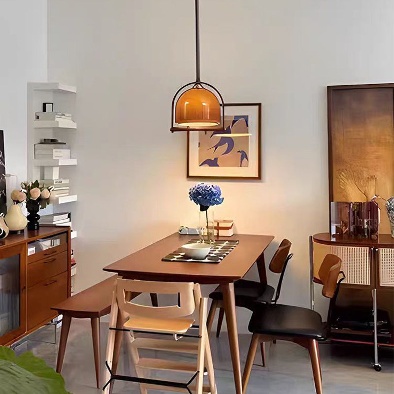 Contemporary Retro Stretchable Round Arch Solid Wood Frame Glass Shade 1-Light Pendant Light For Living Room