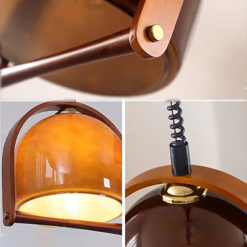 Contemporary Retro Stretchable Round Arch Solid Wood Frame Glass Shade 1-Light Pendant Light For Living Room
