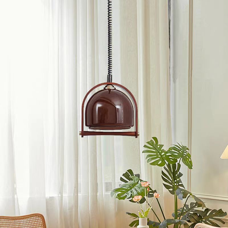 Contemporary Retro Stretchable Round Arch Solid Wood Frame Glass Shade 1-Light Pendant Light For Living Room