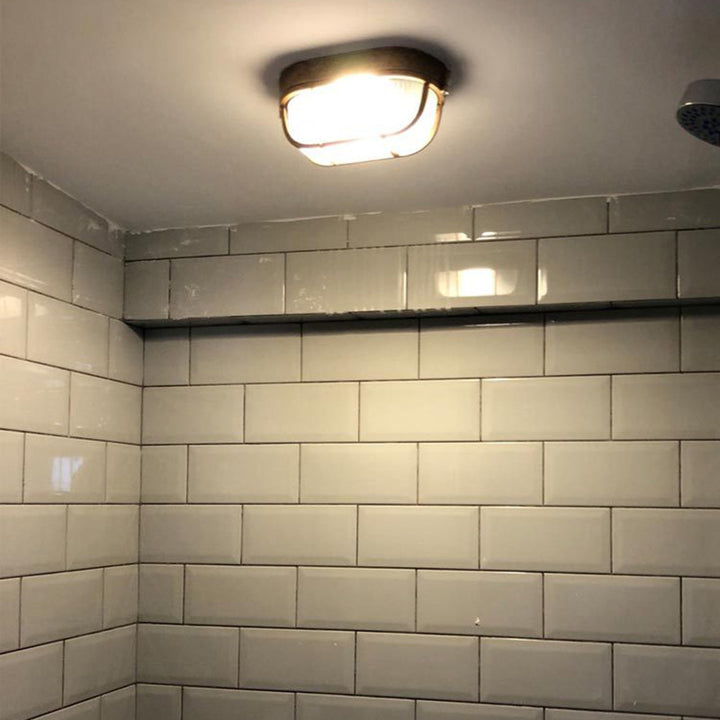 Lustre encastré 1 lumière avec abat-jour en verre, cadre en aluminium rectangulaire carré étanche de style vintage traditionnel pour salle de bain 
