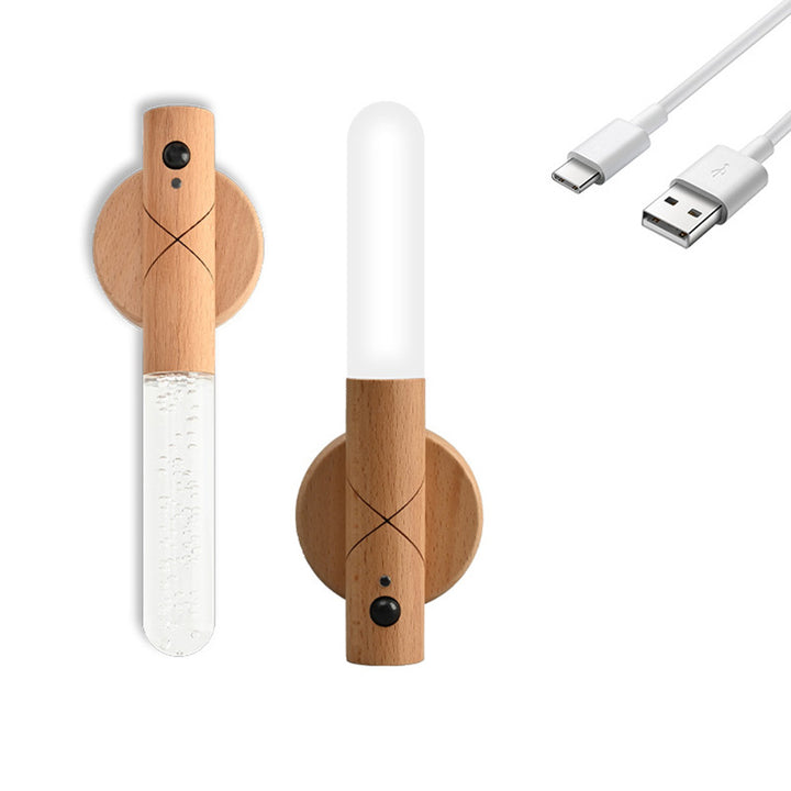 Luz nocturna LED de sensor recargable cilíndrica minimalista moderna de madera y plexiglás para dormitorio 