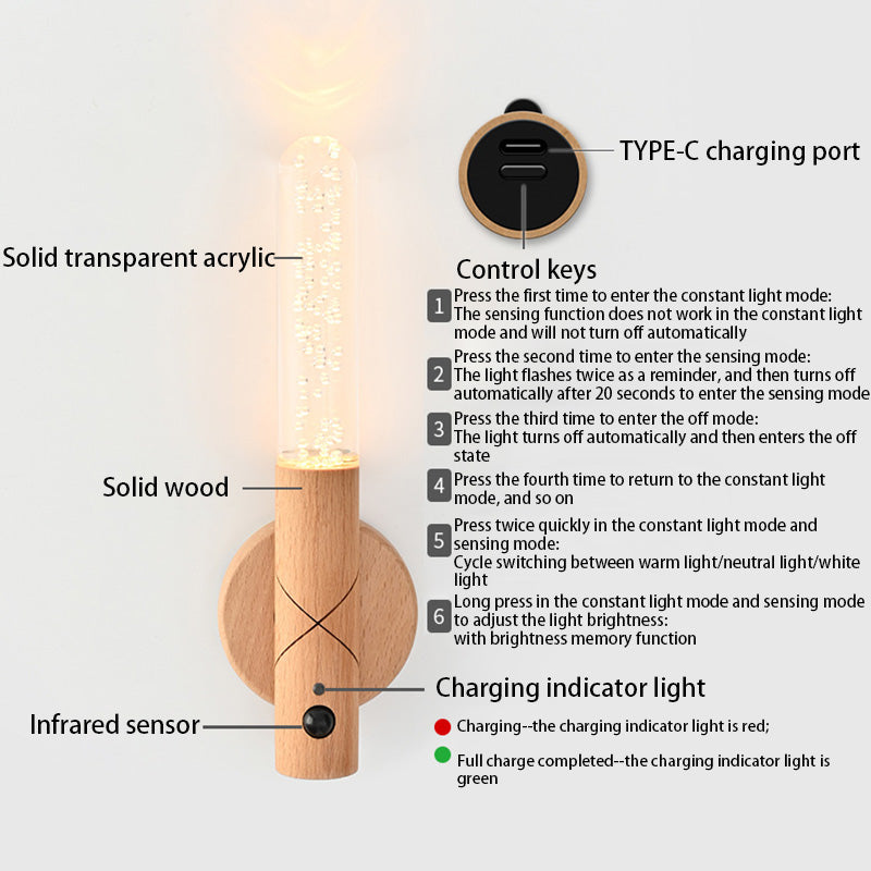 Luz nocturna LED de sensor recargable cilíndrica minimalista moderna de madera y plexiglás para dormitorio 