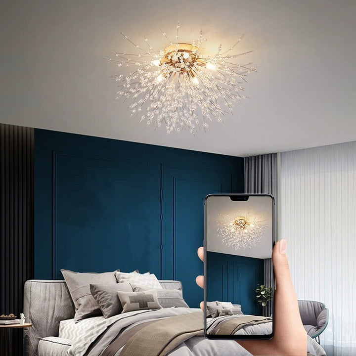 Contemporain Branche Créative Ronde Forme de Pissenlit Fer Cristal 4/5/6/8 Lumière Plafonnier Semi-Encastré Pour Salon 
