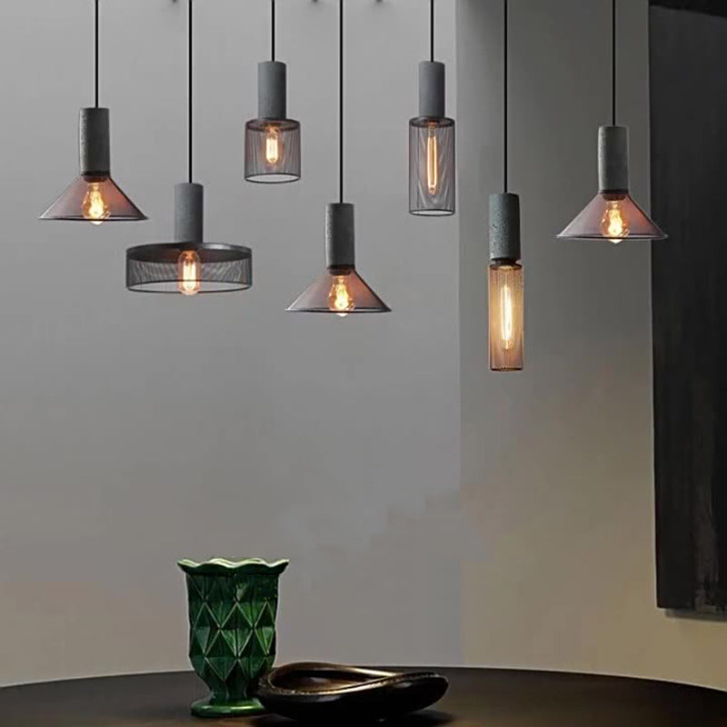 Dôme cylindrique industriel contemporain en ciment avec abat-jour en fer, suspension à 1 lumière pour salon 