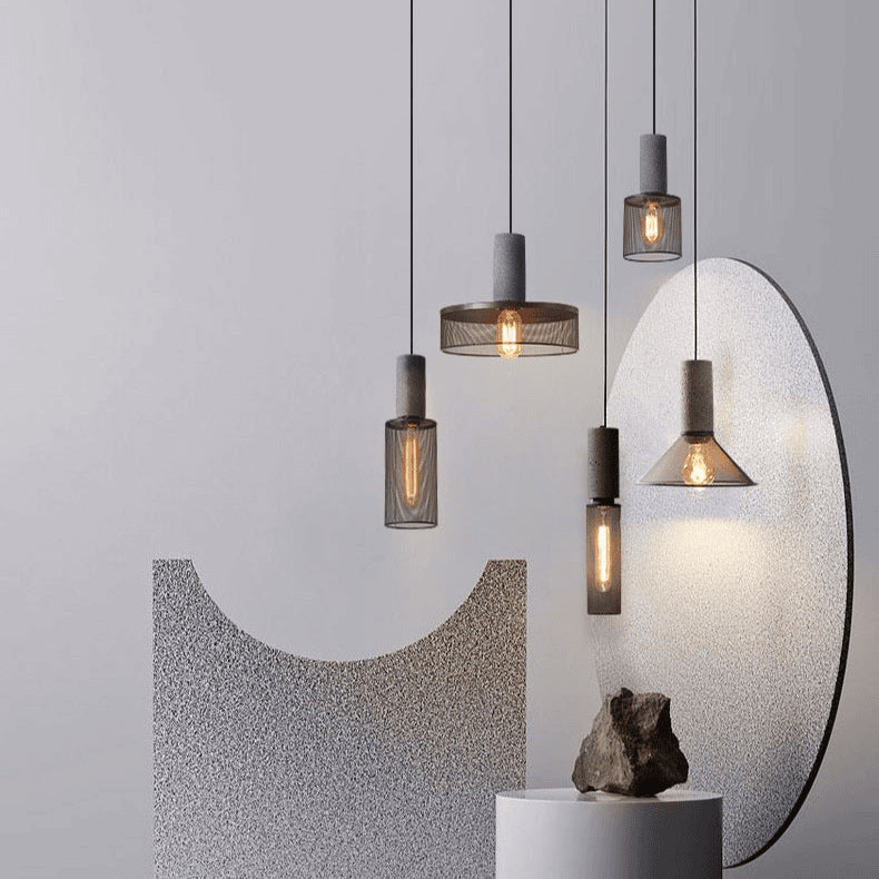 Dôme cylindrique industriel contemporain en ciment avec abat-jour en fer, suspension à 1 lumière pour salon 