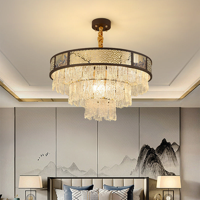 Traditioneller chinesischer mehrstufiger runder Kronleuchter aus Eisen, Glas und Edelstahl mit 12/16 Lichtern für Wohnzimmer 