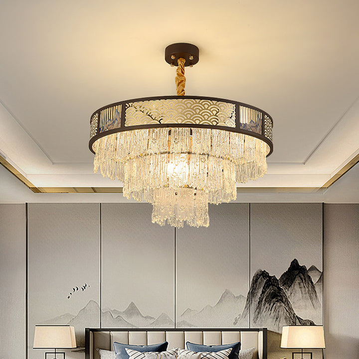 Traditioneller chinesischer mehrstufiger runder Kronleuchter aus Eisen, Glas und Edelstahl mit 12/16 Lichtern für Wohnzimmer 