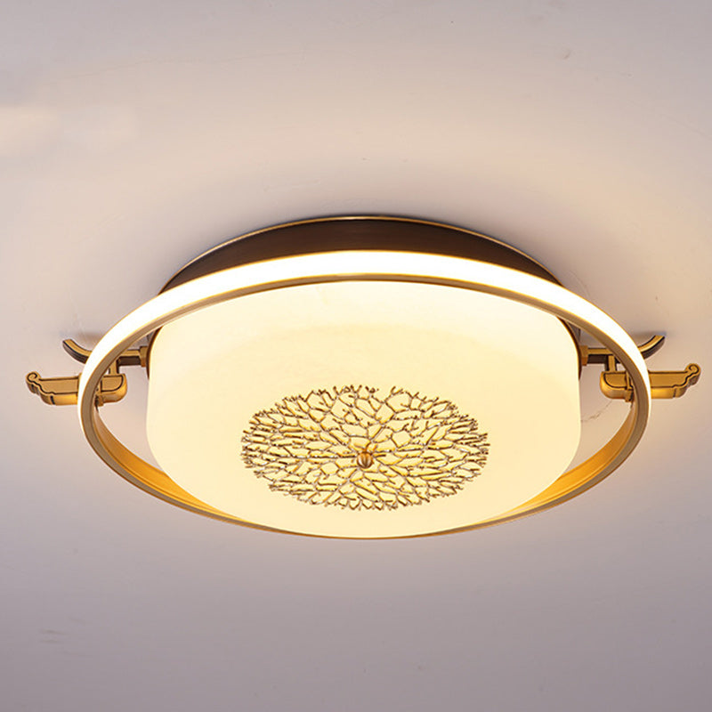 Traditionelle chinesische runde rechteckige LED-Deckenleuchte mit Kupferrahmen und Glasschirm für Wohnzimmer 