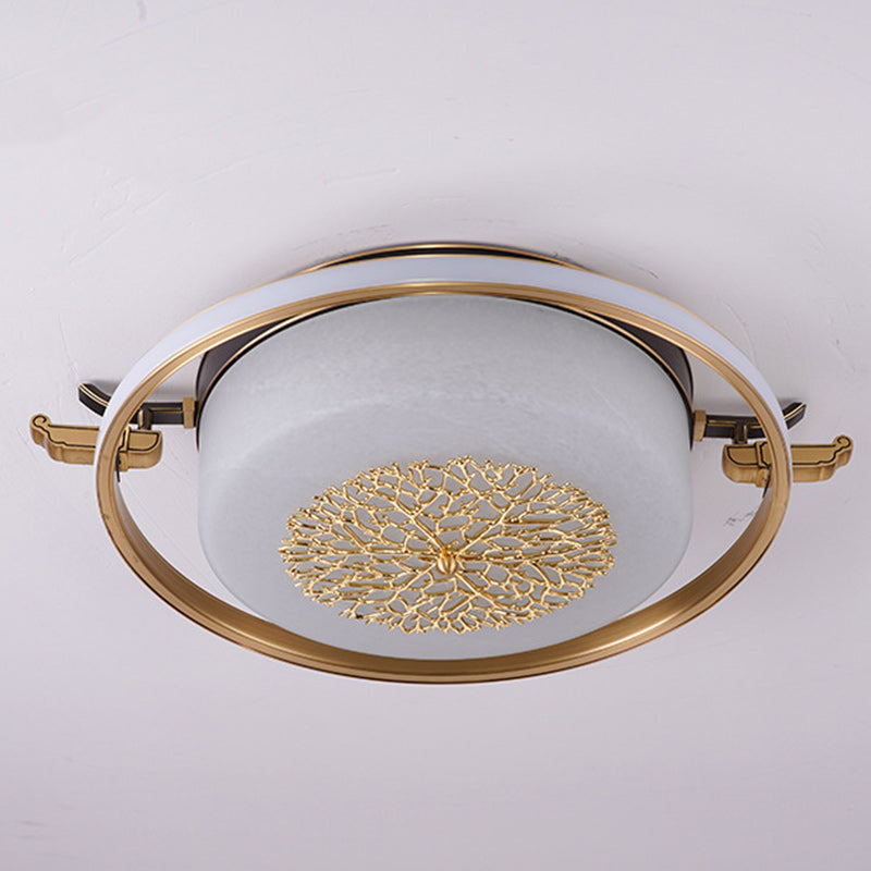 Traditionelle chinesische runde rechteckige LED-Deckenleuchte mit Kupferrahmen und Glasschirm für Wohnzimmer 