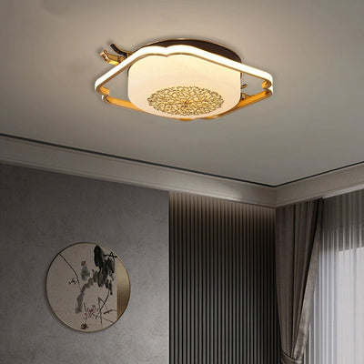 Traditionelle chinesische runde rechteckige LED-Deckenleuchte mit Kupferrahmen und Glasschirm für Wohnzimmer 