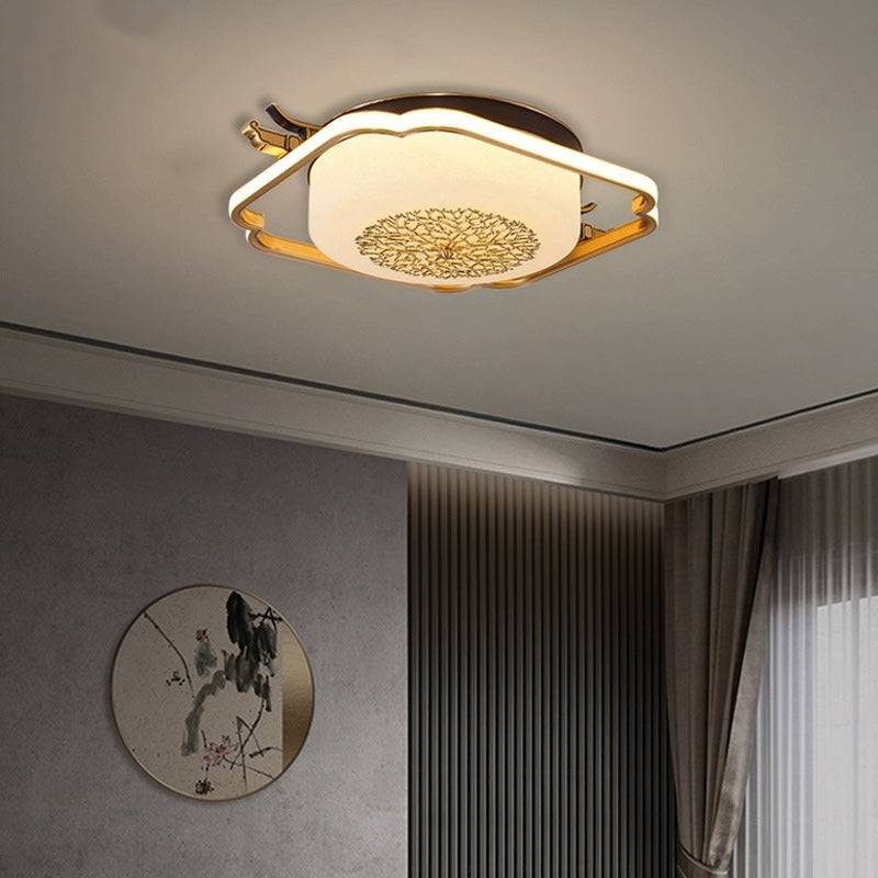 Traditionelle chinesische runde rechteckige LED-Deckenleuchte mit Kupferrahmen und Glasschirm für Wohnzimmer 