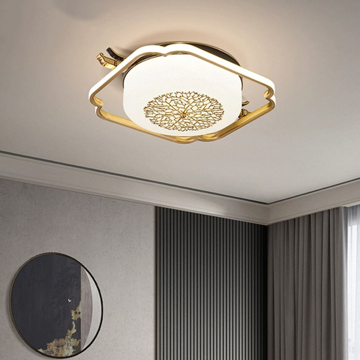 Traditional Chinese Round Rectangle Copper Frame Glass Shade LED Flush Mount Ceiling Light For Living Room