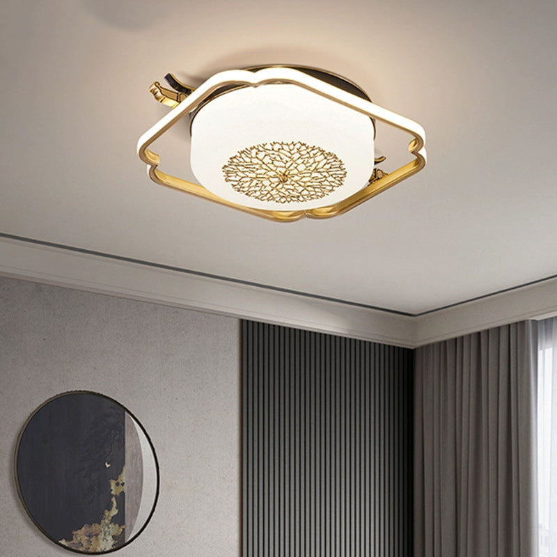 Traditionelle chinesische runde rechteckige LED-Deckenleuchte mit Kupferrahmen und Glasschirm für Wohnzimmer 