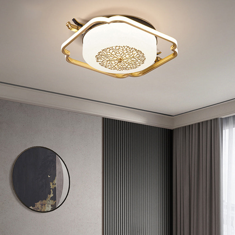 Traditionelle chinesische runde rechteckige LED-Deckenleuchte mit Kupferrahmen und Glasschirm für Wohnzimmer 
