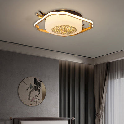 Traditionelle chinesische runde rechteckige LED-Deckenleuchte mit Kupferrahmen und Glasschirm für Wohnzimmer 