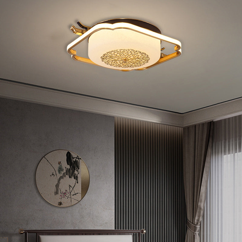 Traditionelle chinesische runde rechteckige LED-Deckenleuchte mit Kupferrahmen und Glasschirm für Wohnzimmer 