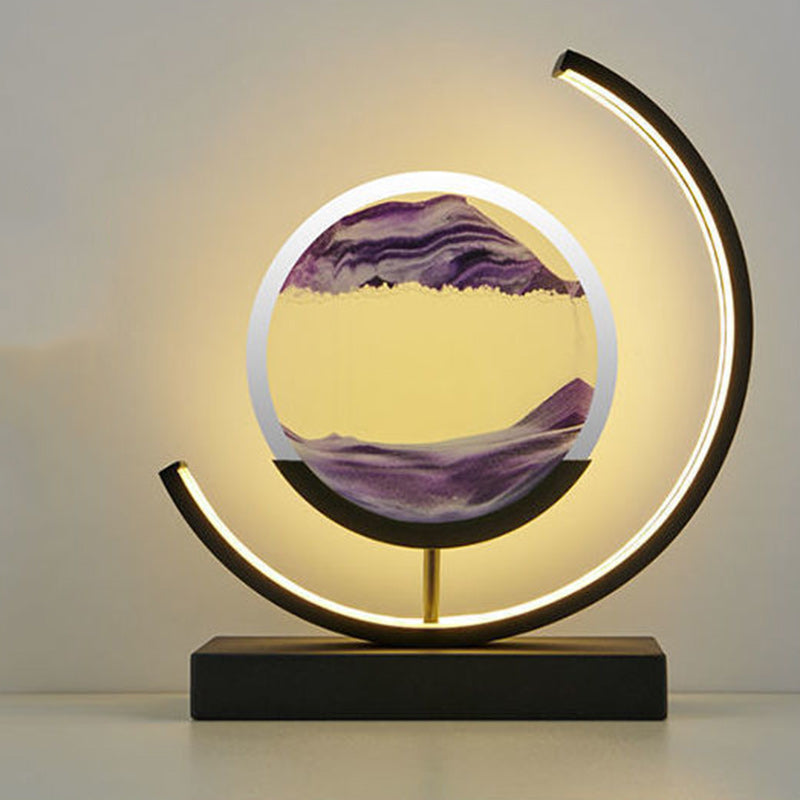 Modern Art Deco Round Quicksand Iron Glass LED Table Lamp For Bedroom