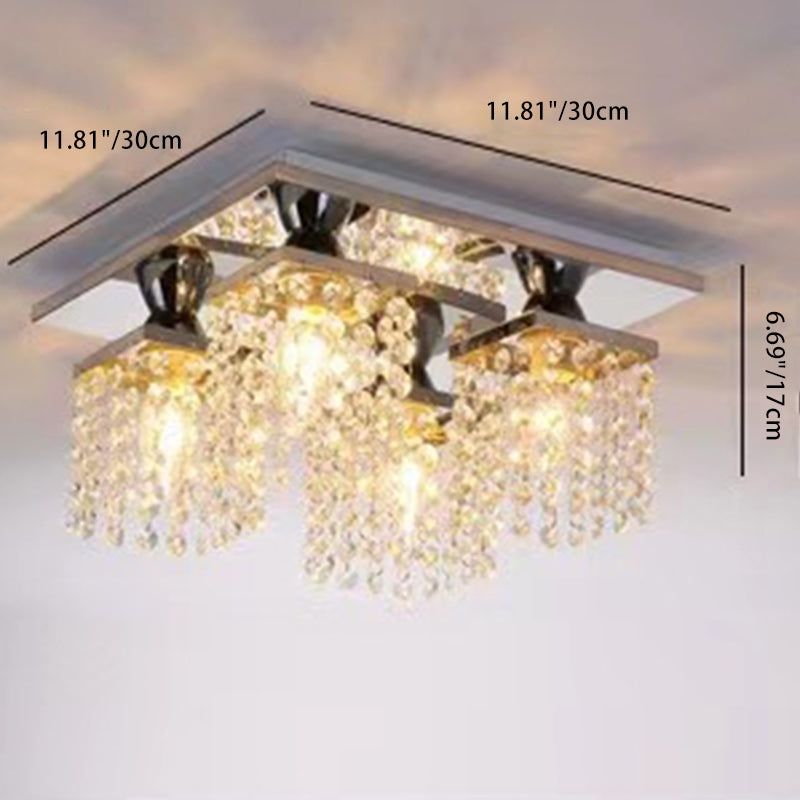Lustre semi-encastré moderne de luxe avec cadre carré en acier inoxydable et abat-jour en cristal à 4 lumières pour salon 
