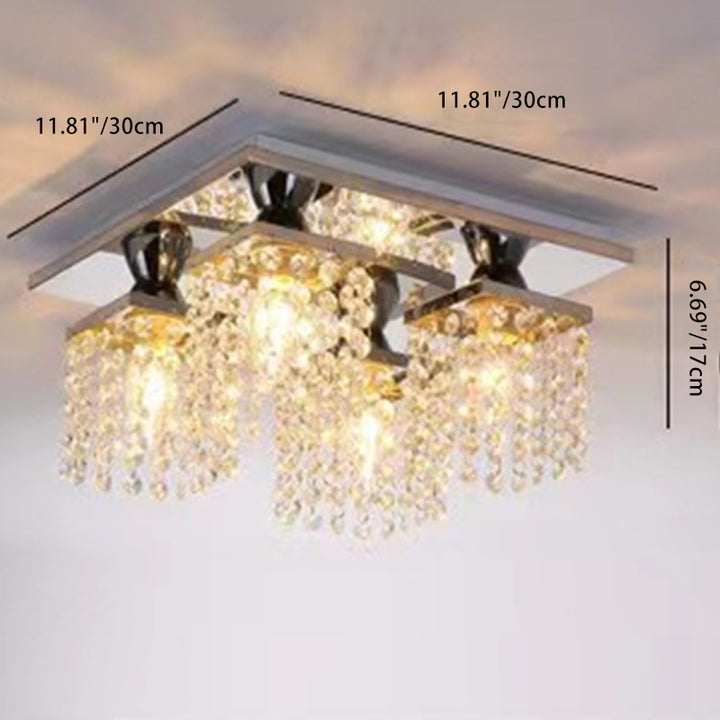 Lustre semi-encastré moderne de luxe avec cadre carré en acier inoxydable et abat-jour en cristal à 4 lumières pour salon 