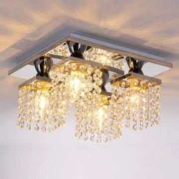 Lustre semi-encastré moderne de luxe avec cadre carré en acier inoxydable et abat-jour en cristal à 4 lumières pour salon 