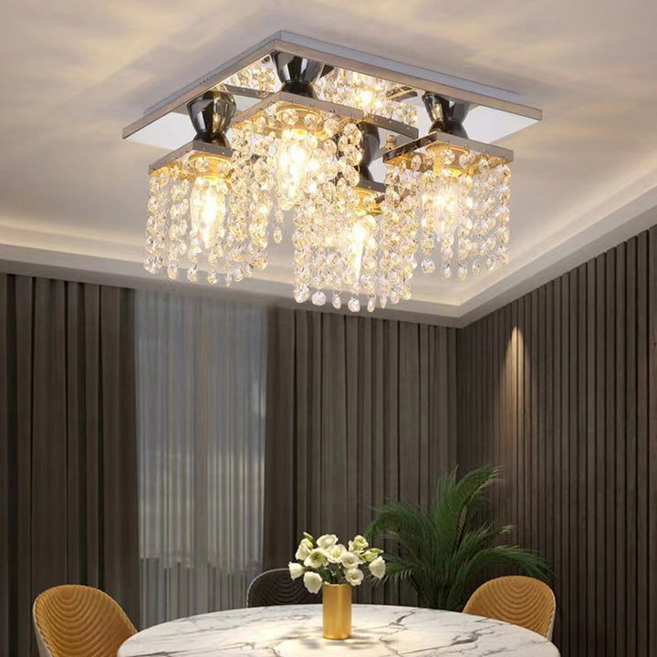 Lustre semi-encastré moderne de luxe avec cadre carré en acier inoxydable et abat-jour en cristal à 4 lumières pour salon 