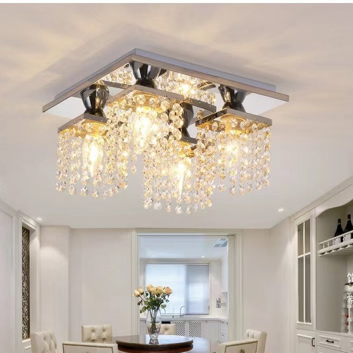 Lustre semi-encastré moderne de luxe avec cadre carré en acier inoxydable et abat-jour en cristal à 4 lumières pour salon 