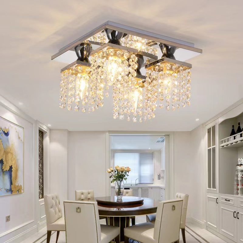 Lustre semi-encastré moderne de luxe avec cadre carré en acier inoxydable et abat-jour en cristal à 4 lumières pour salon 