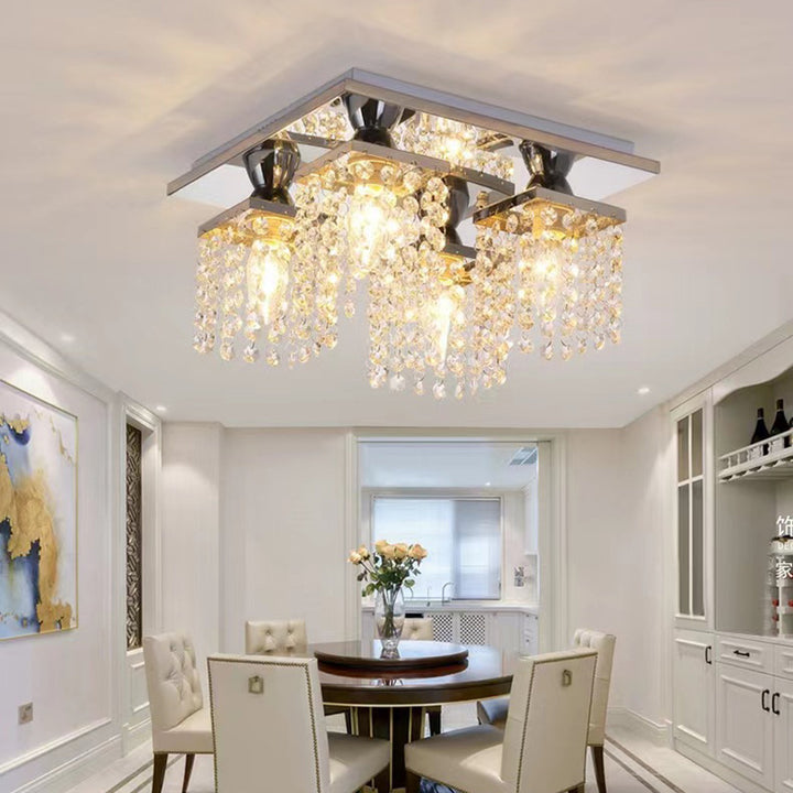 Lustre semi-encastré moderne de luxe avec cadre carré en acier inoxydable et abat-jour en cristal à 4 lumières pour salon 