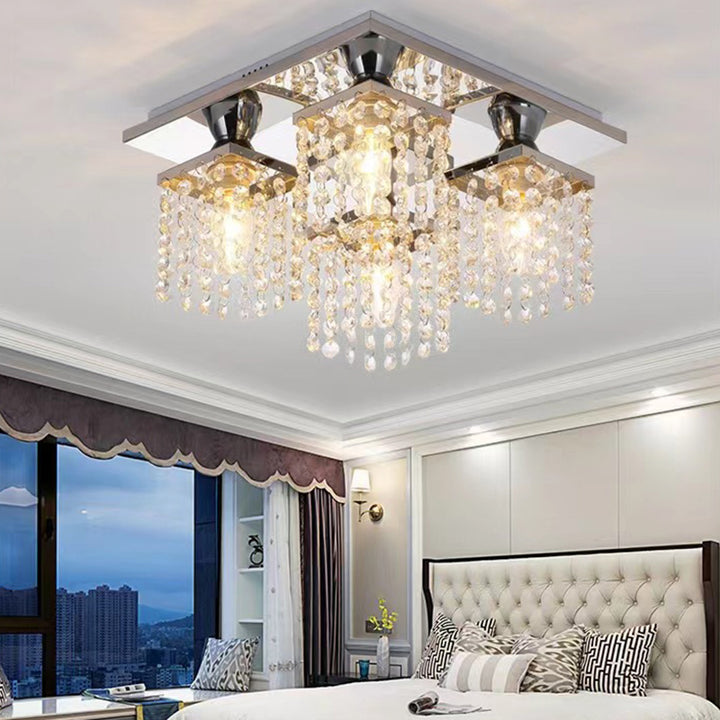 Lustre semi-encastré moderne de luxe avec cadre carré en acier inoxydable et abat-jour en cristal à 4 lumières pour salon 