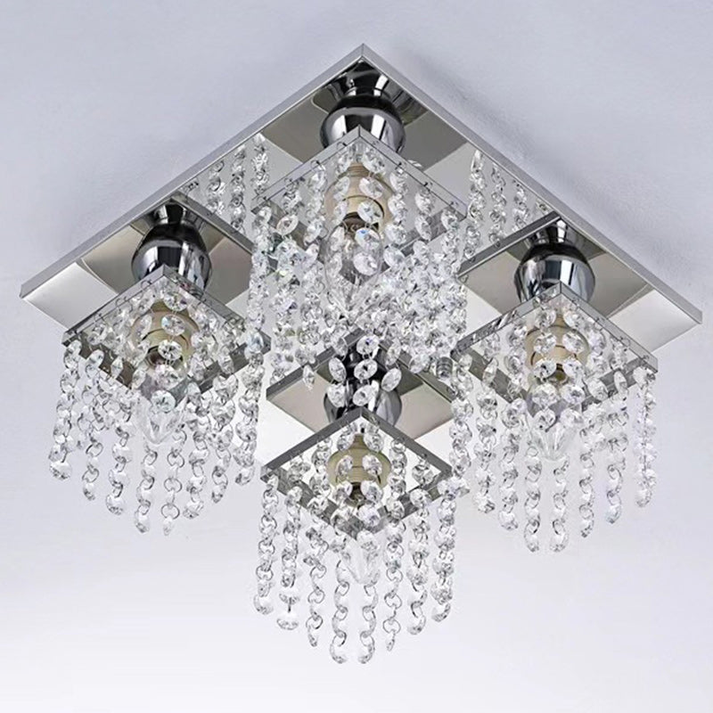 Lustre semi-encastré moderne de luxe avec cadre carré en acier inoxydable et abat-jour en cristal à 4 lumières pour salon 