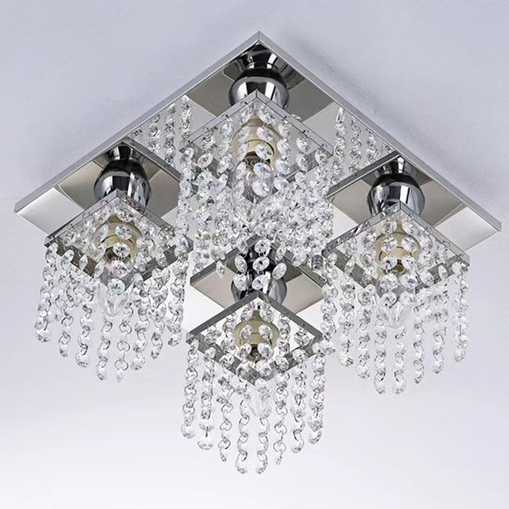Lustre semi-encastré moderne de luxe avec cadre carré en acier inoxydable et abat-jour en cristal à 4 lumières pour salon 