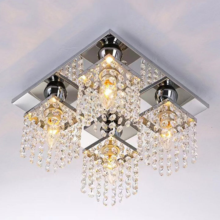 Lustre semi-encastré moderne de luxe avec cadre carré en acier inoxydable et abat-jour en cristal à 4 lumières pour salon 