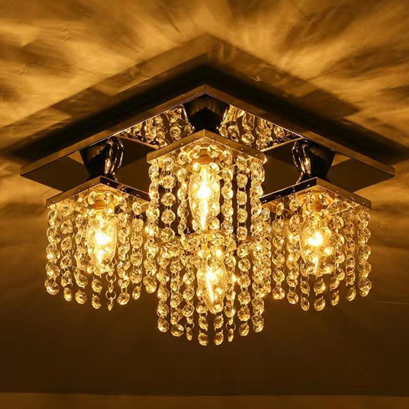 Lustre semi-encastré moderne de luxe avec cadre carré en acier inoxydable et abat-jour en cristal à 4 lumières pour salon 