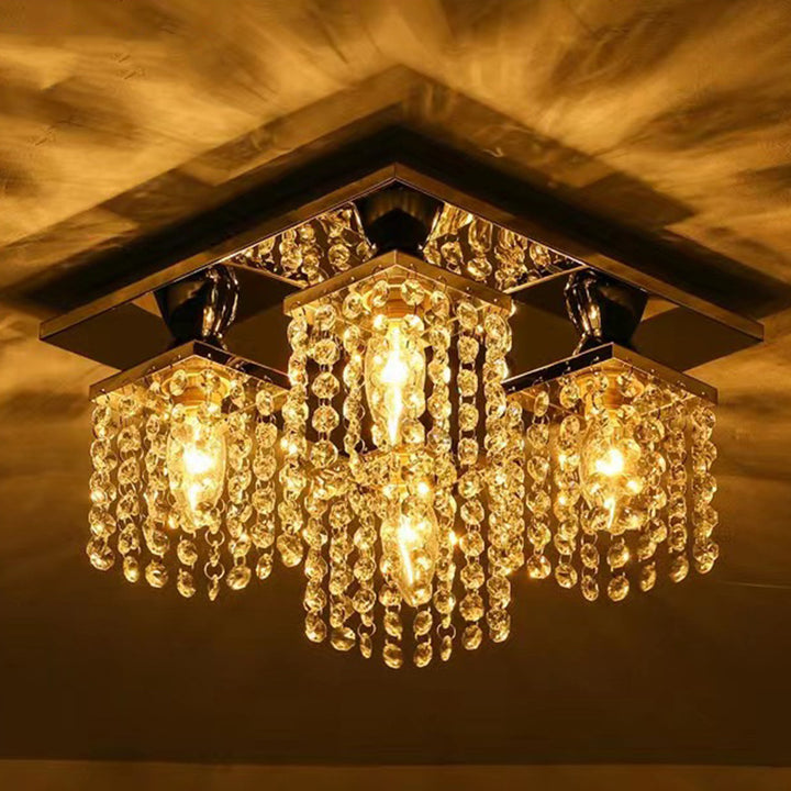 Lustre semi-encastré moderne de luxe avec cadre carré en acier inoxydable et abat-jour en cristal à 4 lumières pour salon 