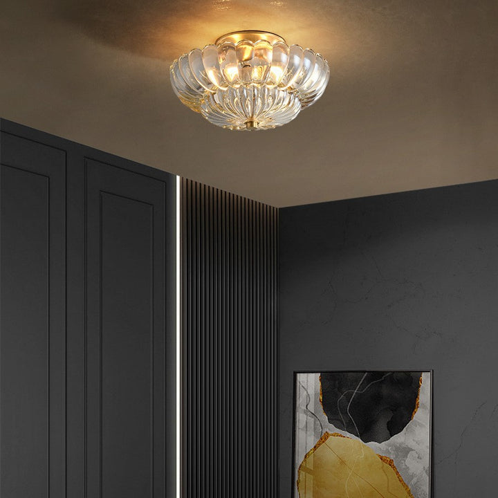 Lustre semi-encastré moderne et luxueux en forme de dôme rond avec pétales de fleurs en fer et verre à 3 lumières pour couloir 
