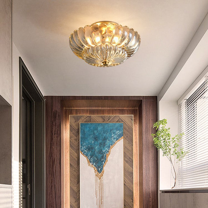 Lustre semi-encastré moderne et luxueux en forme de dôme rond avec pétales de fleurs en fer et verre à 3 lumières pour couloir 