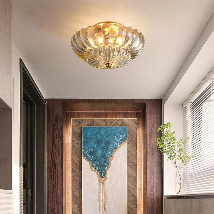 Modern Luxury Round Dome Flower Petal Iron Glass 3-Light Semi-Flush Mount Ceiling Light For Hallway