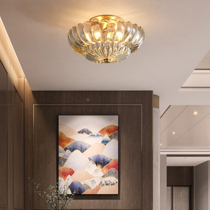 Lustre semi-encastré moderne et luxueux en forme de dôme rond avec pétales de fleurs en fer et verre à 3 lumières pour couloir 